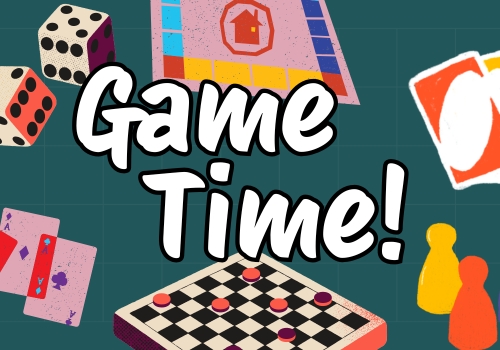 checkers board, card games, dice, and game pieces on a dark green background