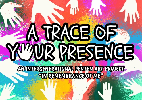 multi different sized hand outlines against a multi colored spray painted background