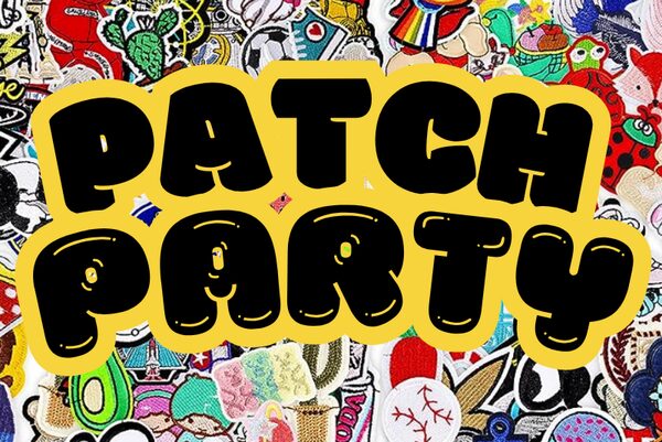 words "Patch Party" over a background of colorful iron-on patches