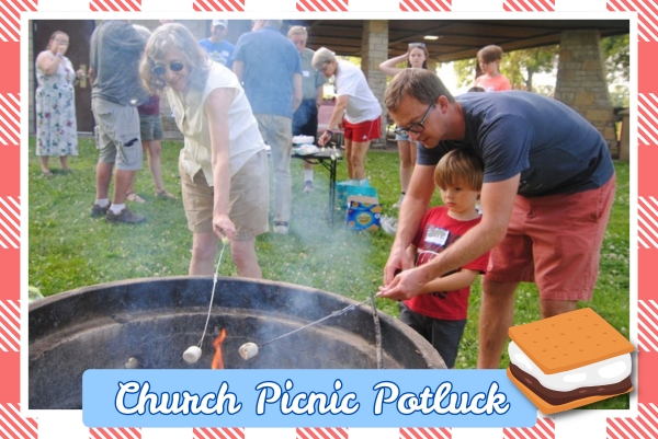 Adults and a child roasting marshmallows over a firepit at a park