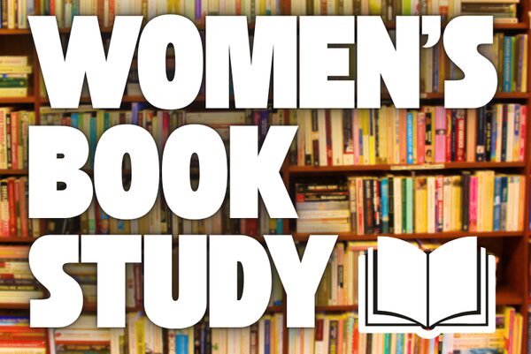 text "Women's Book Study" over a background of bookshelves loaded with books
