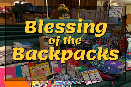 rows of backpacks and other school supplies in front of the church Chancel table